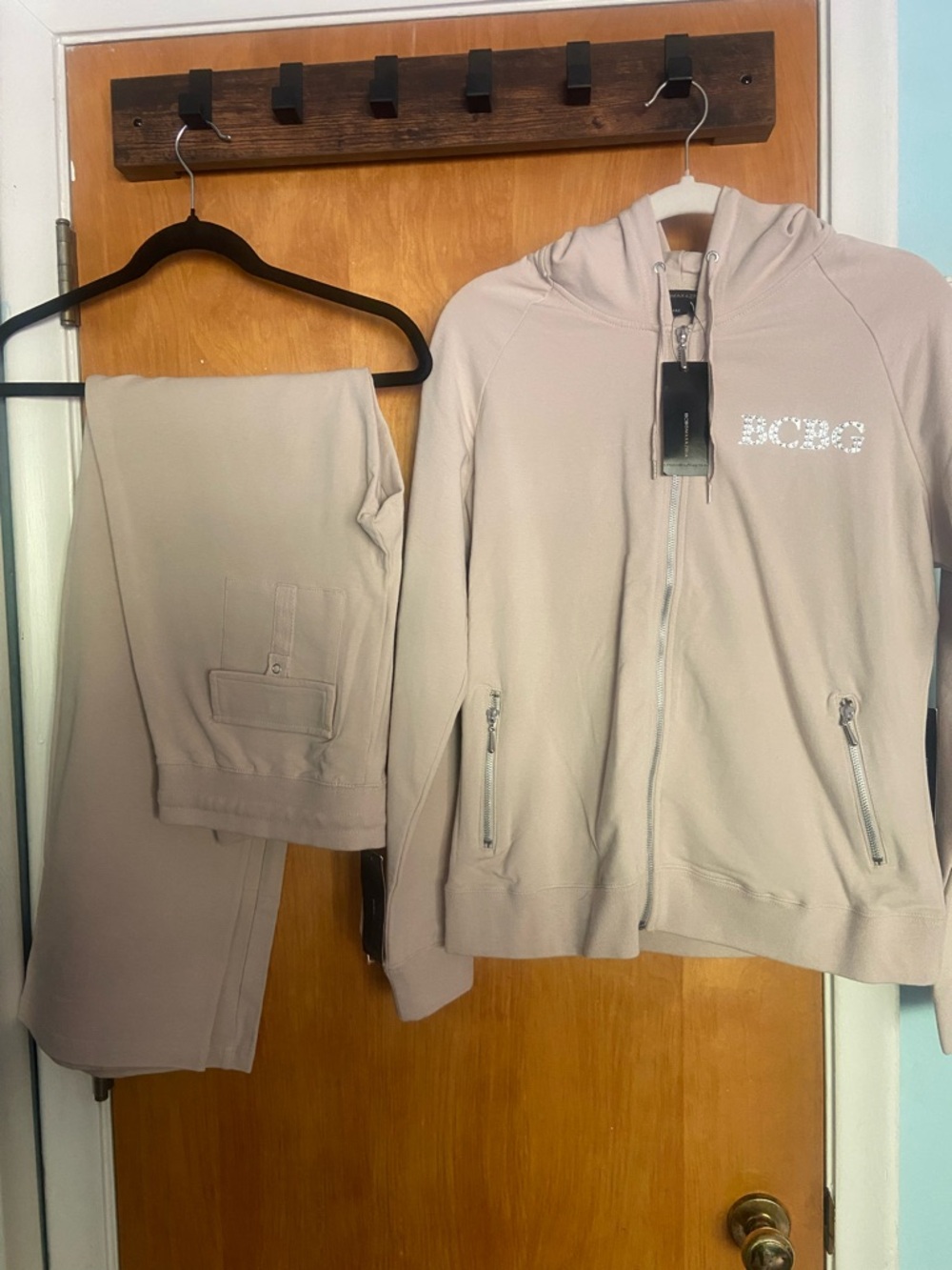 BCBGMaxAzria Beige Zip-Up Hoodie/Pants with Silver Logos/Hardware